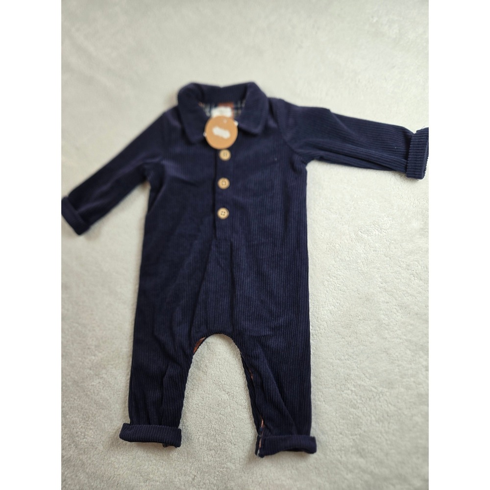 Mud Pie Baby Boy Navy Blue Corduroy Plaid Lined Long Sleeve Romper 3-6M NWT